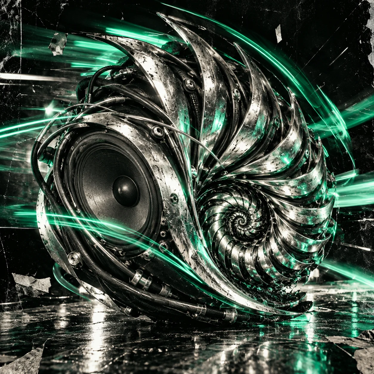 Surrealistische zilveren speakerspiraal met groene lichtsporen