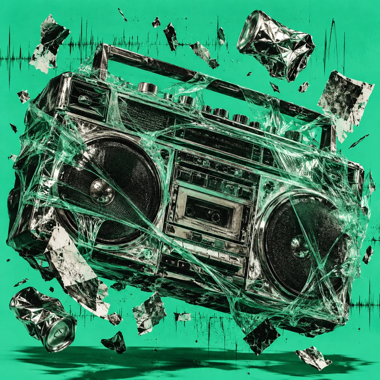 Vintage boombox in mintgroene folie met gescheurde papiersnippers